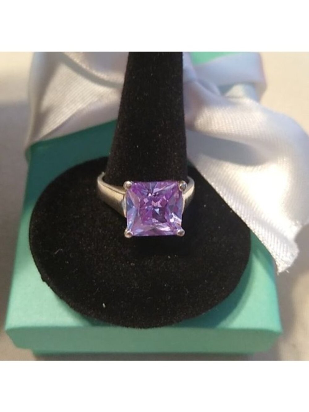 Sterling Silver + Purplish-Pink Sapphire Princess Cut Ring Thailand, size 6.5